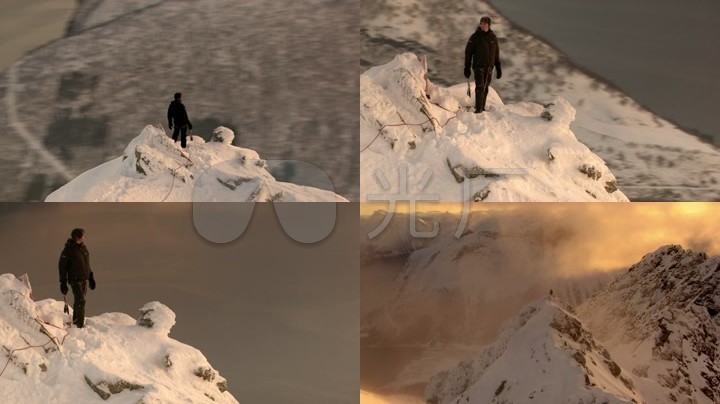 一个人站在雪山山峰山顶最高处
