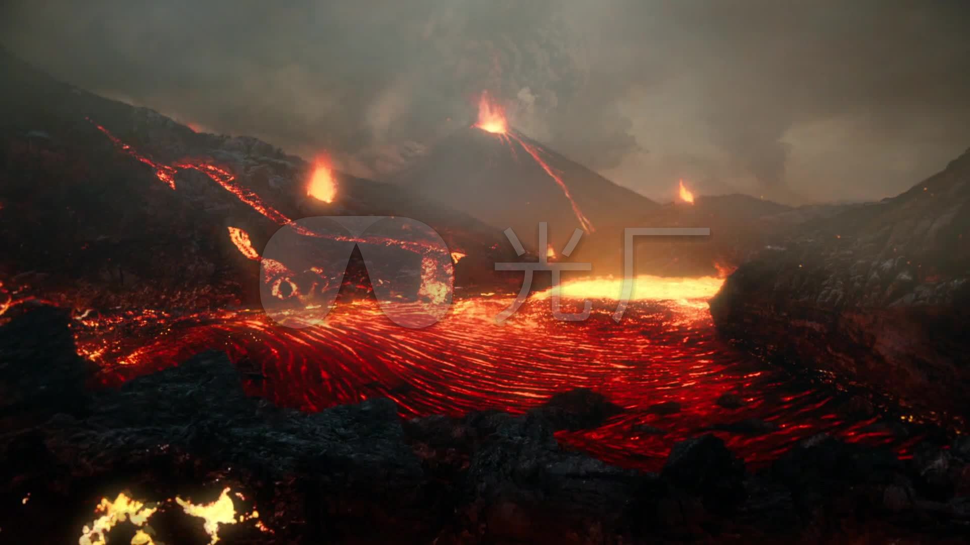 火山爆发场面岩浆流淌火焰浓烟雾气