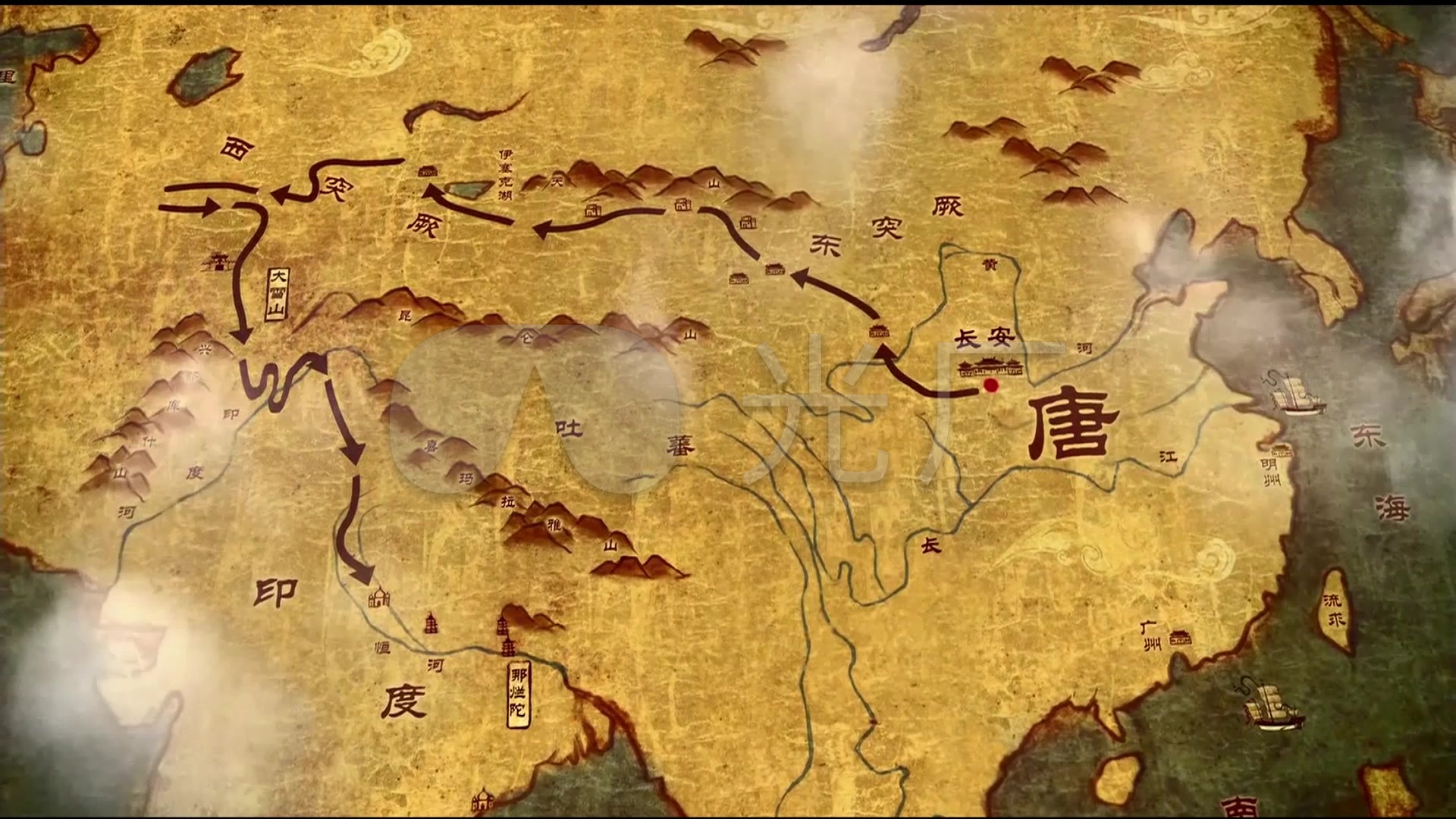 唐朝大唐版图地图西天取路线白云飘飘