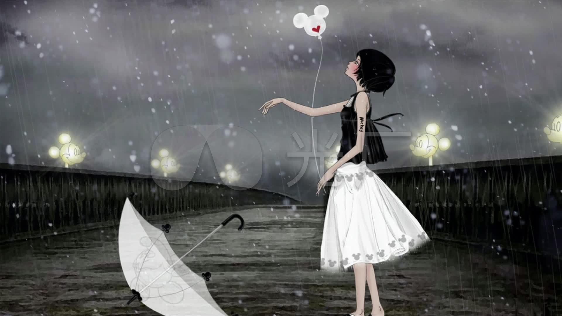下雨女孩伤感意境卡通背景_1920x1080_高清视频素材