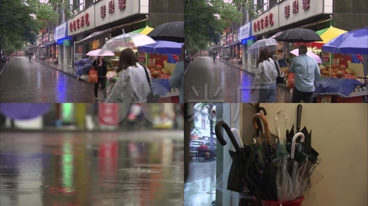 上海城市街道下雨天视频素材_打伞的行人