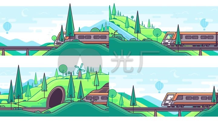 卡通动画火车穿过山谷隧道