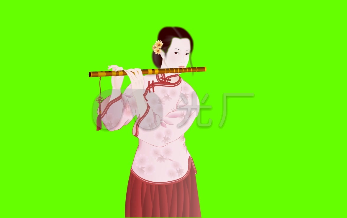 绿屏古装美女吹笛子_1176x738_高清视频素材下载(编号