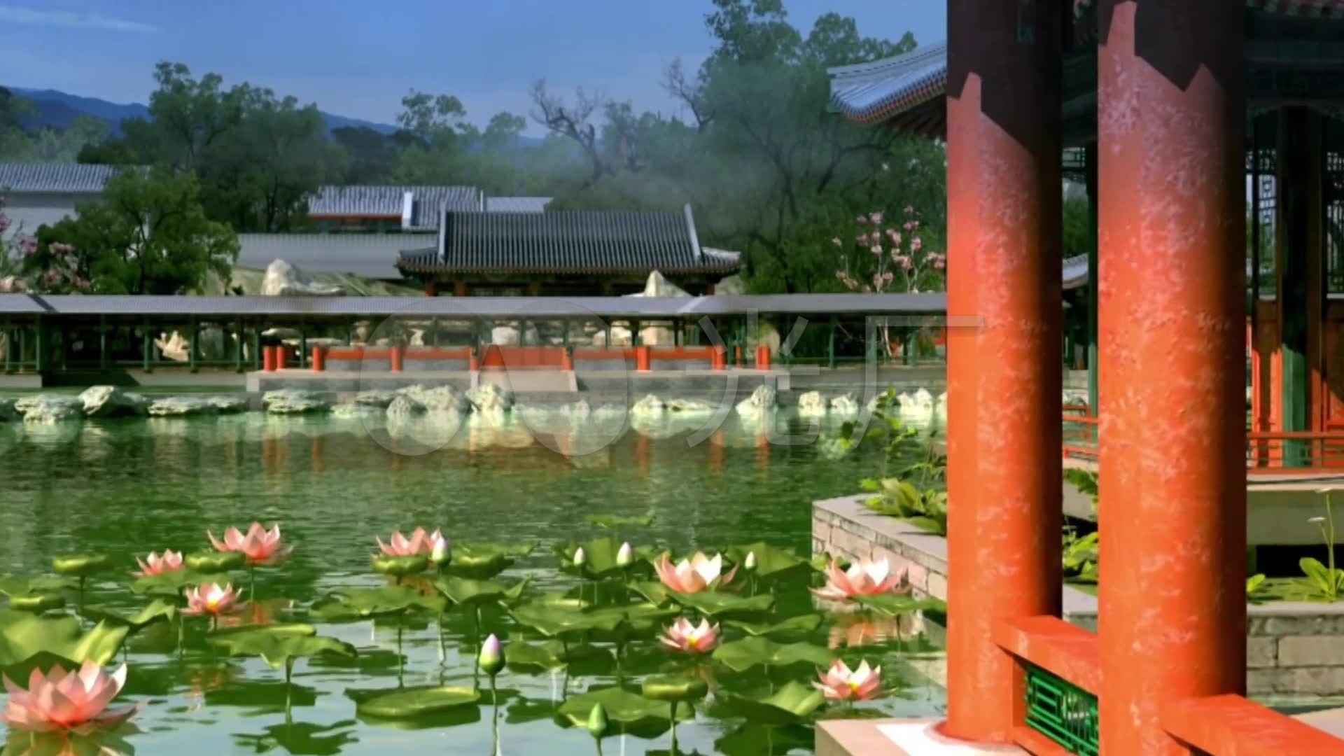 古代园林中的莲花池塘古建筑三维动画