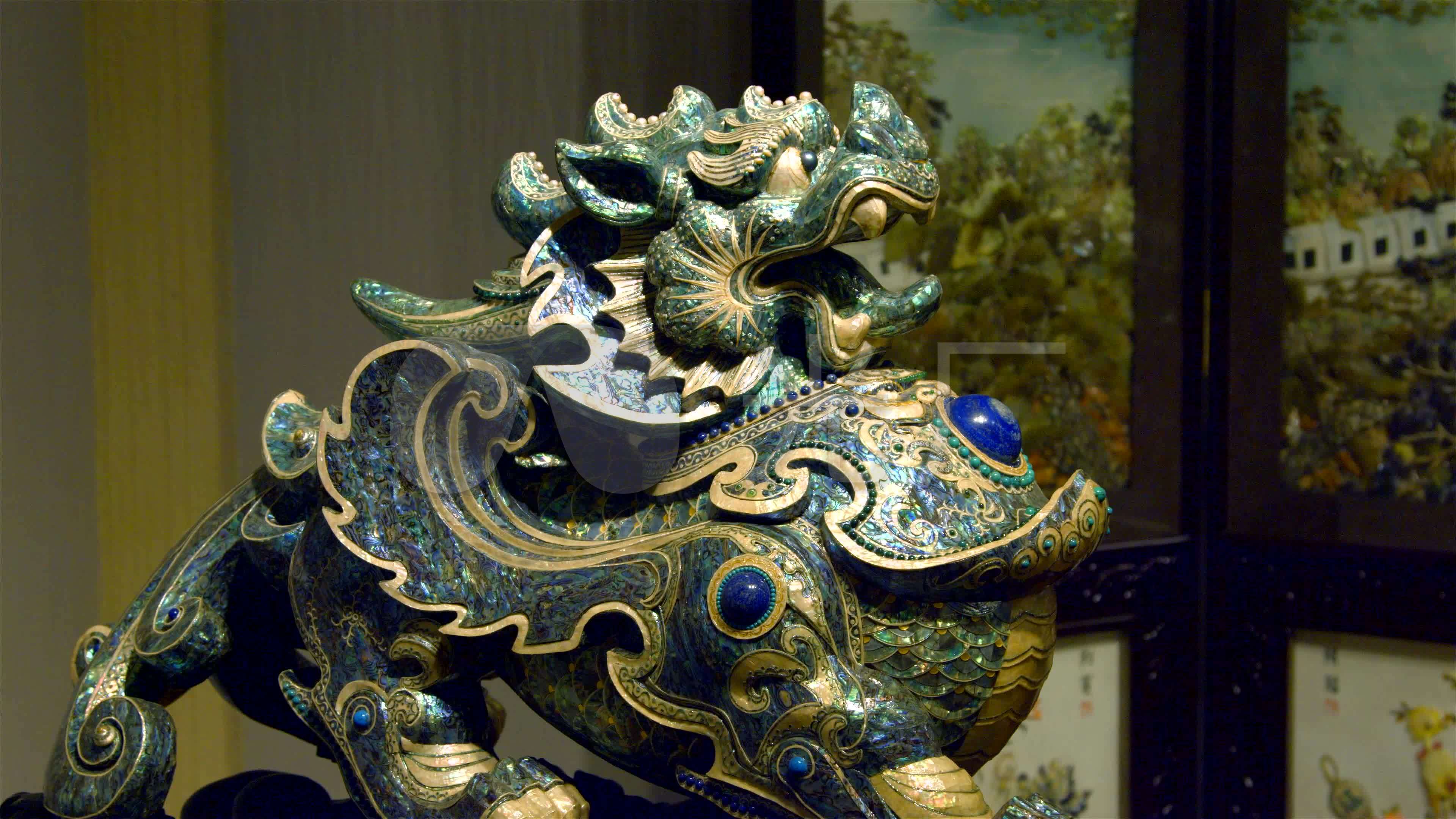 4k工艺品贝雕展厅艺术品雕塑貔貅神兽_3840x2160_高清