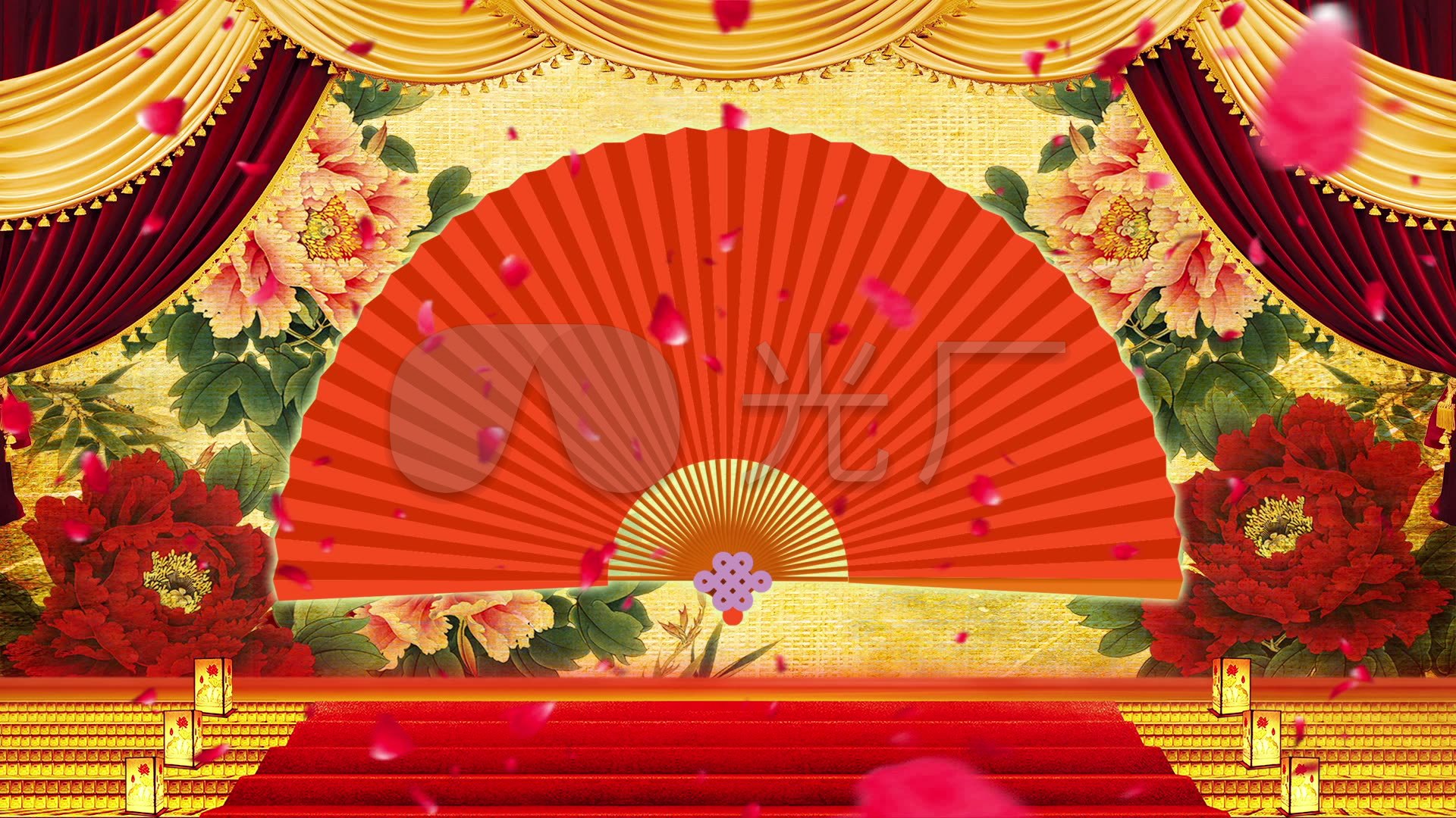 古典牡丹花扇子花瓣相声小品戏曲幕布背景