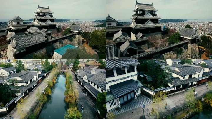 航拍 日本 旅游 松山城 古建筑 古城墙 城镇