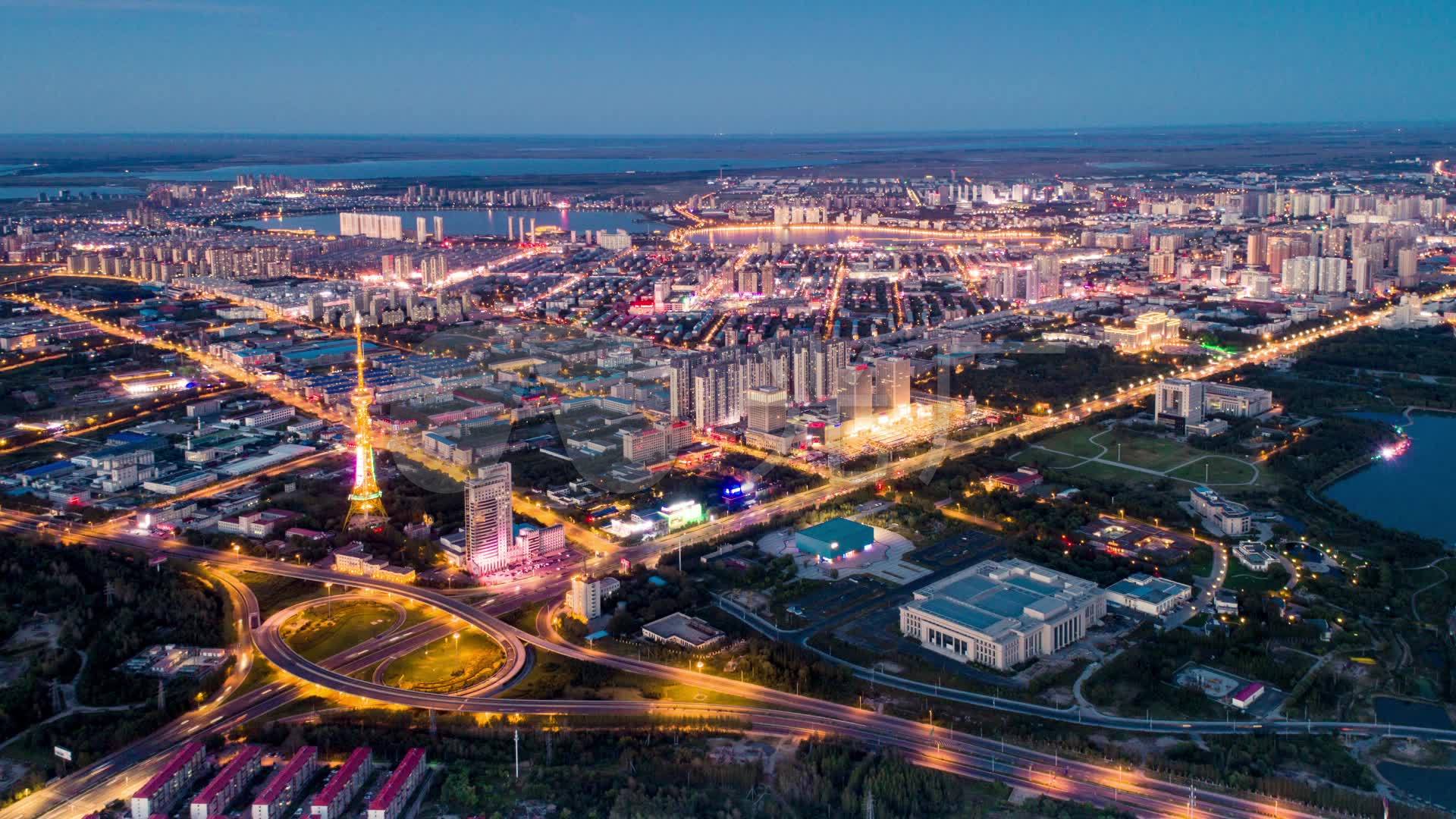 航拍黑龙江 航拍大庆 夜景延时