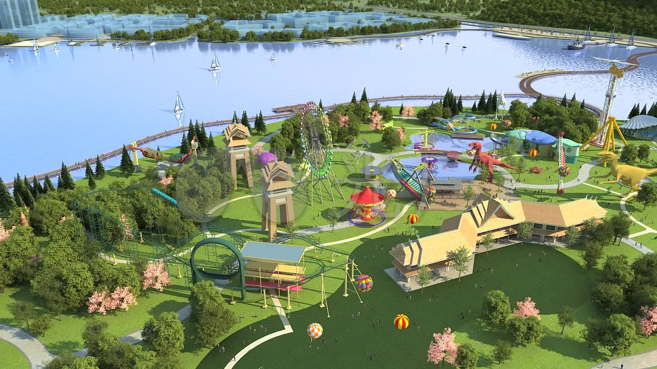 3d动画-欢乐海岸游乐园机动游戏鸟瞰_1280x720_高清