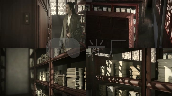 三维动画书生参观藏书楼书房书架古书籍古建