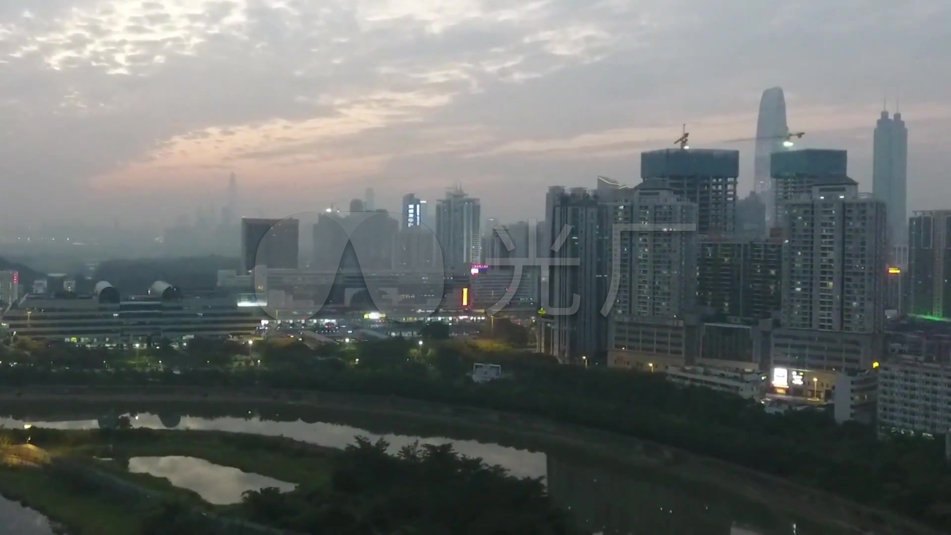  深圳 分 河流 城市 公园 黄昏 日落 夕阳