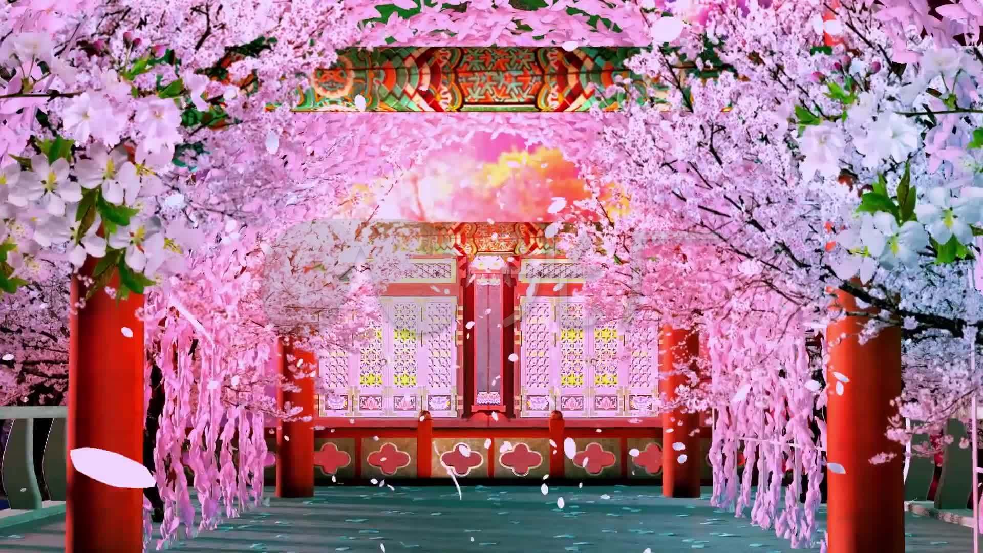 3d唯美桃花中国风亭台楼阁推进开场动画_1920x1080