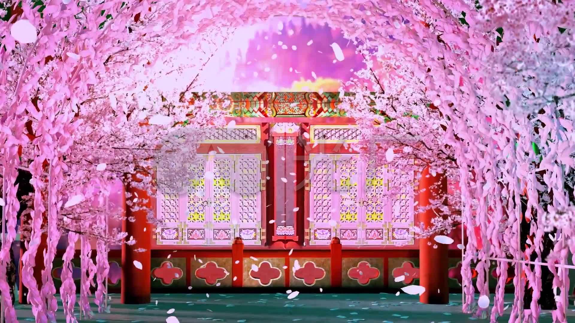 3d唯美桃花中国风亭台楼阁推进开场动画