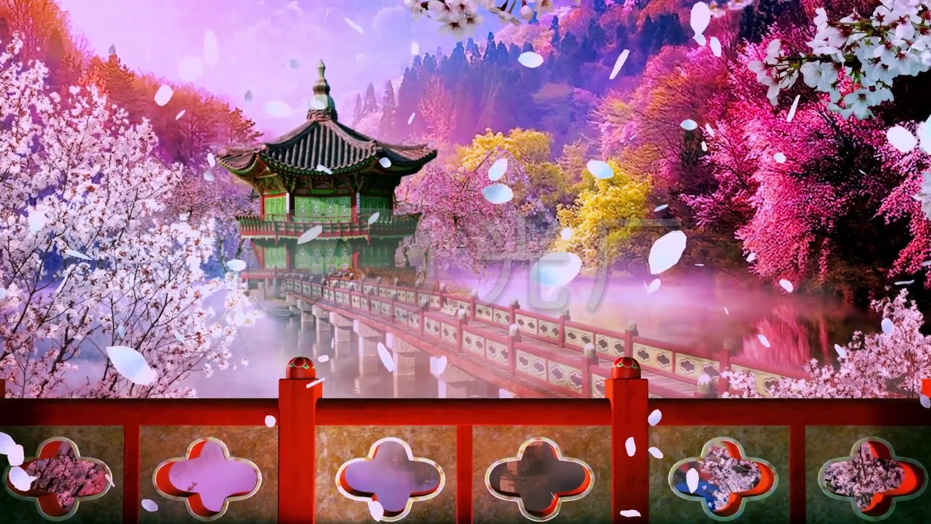3d唯美桃花中国风亭台楼阁推进开场动画