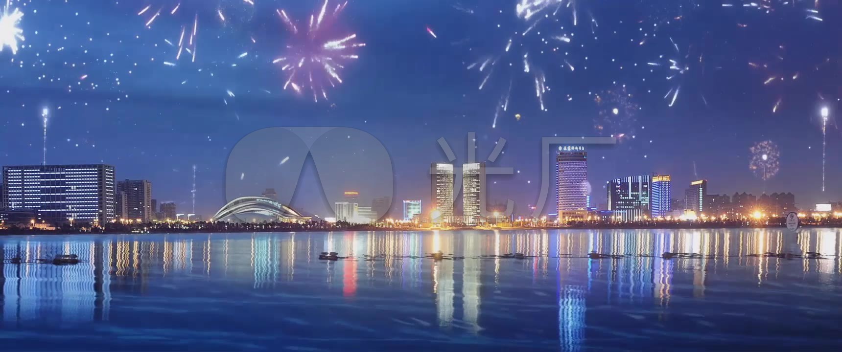 城市 夜景 烟花 远景 湖