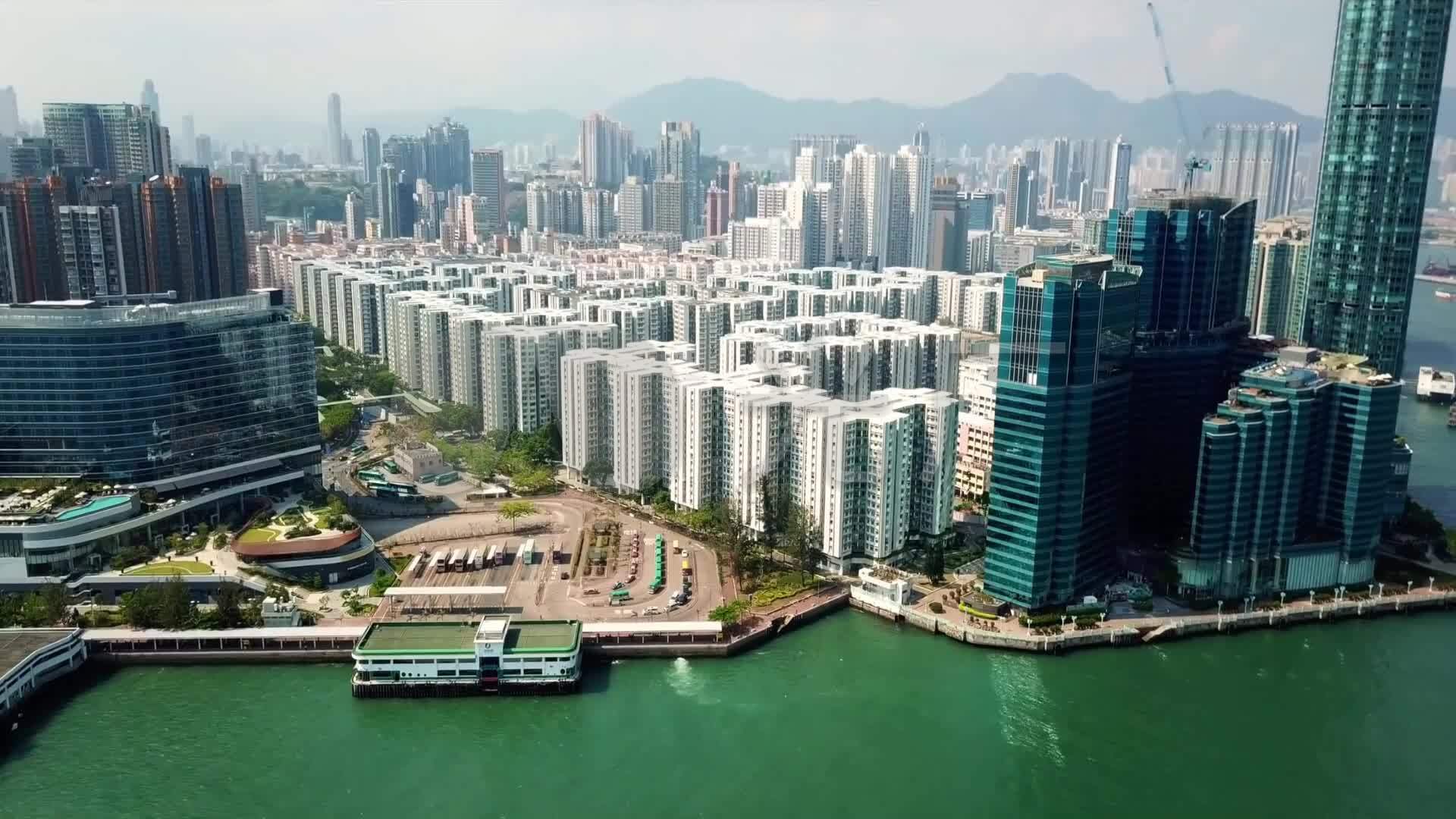航拍香港九龙半岛红磡楼宇住宅沿岸高楼