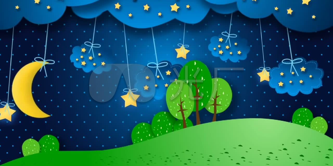 月亮星星山坡小树睡眠安静卡通