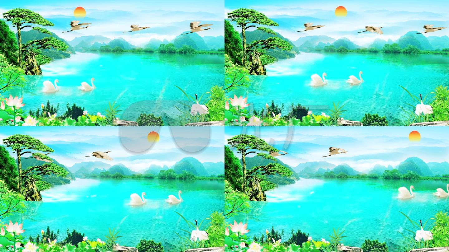 太阳远山松树河水荷花仙鹤天鹅_四维网 太阳远山松树河水荷花仙鹤天鹅