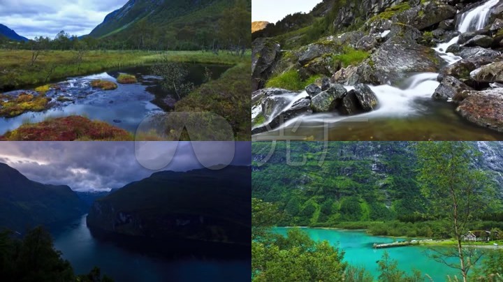 山川瀑布原始森林苔藓天空自然风光旅游中国风瀑布水湖水大山松林大