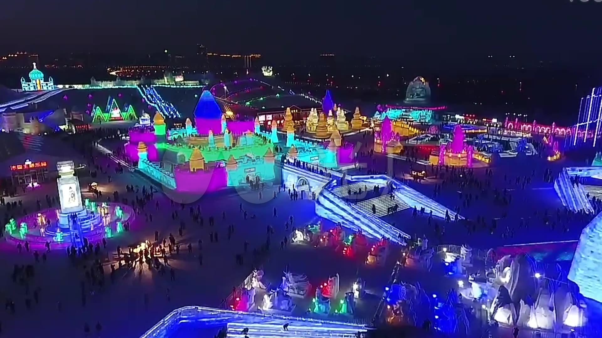航拍哈尔滨冰雪大世界夜景_1920x1080_高清视频素材下载(编号:2089587