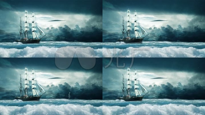 大海海浪航行船只船帆海浪滔天闪电恶劣天气乌云秘密