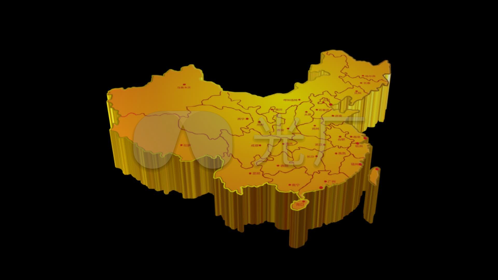 金色中国地图版块3d视频素材,alpha透明通道,中国地图
