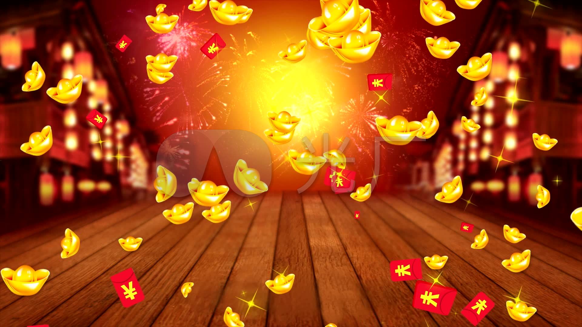 新年元宵节红包烟花金元宝落下背景视频