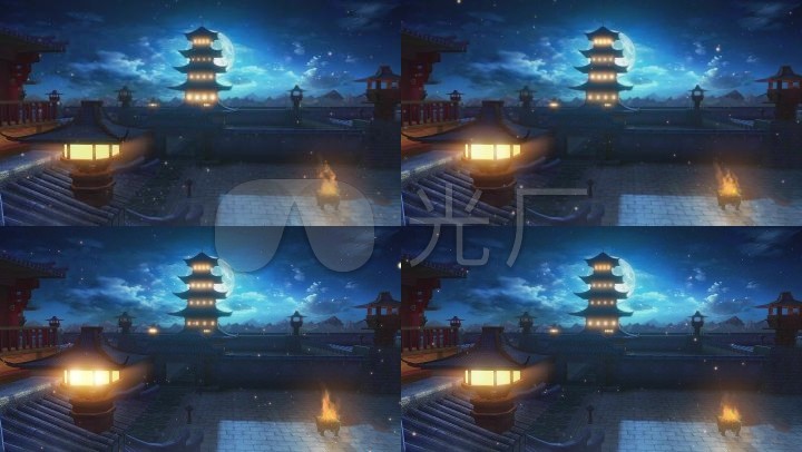 已实名签约古代城楼夜晚场景动画长安城塔灯火圆月城楼夜晚繁华古城