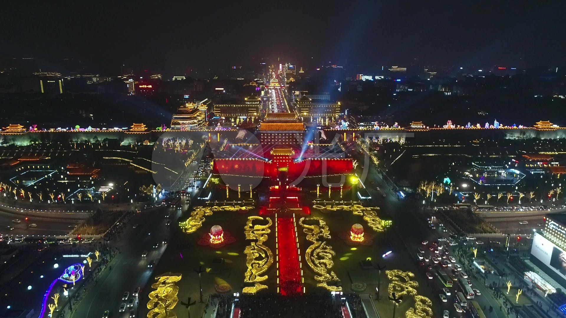 西安夜景灯会南门过年航拍航拍夜_1920x1080_高清视频素材下载(编号