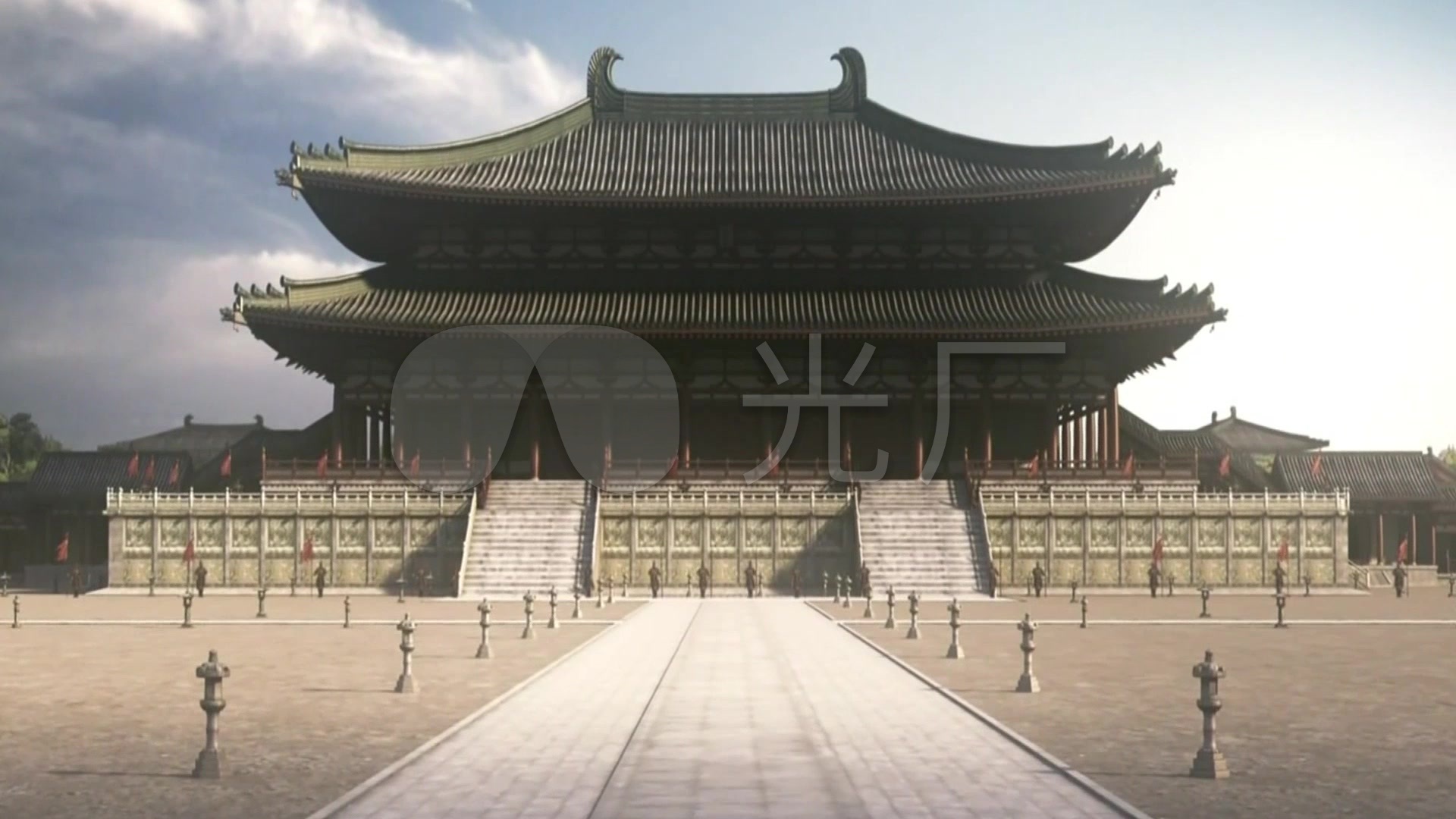 中国古代朱红宫门大门缓缓打开宏伟宫殿