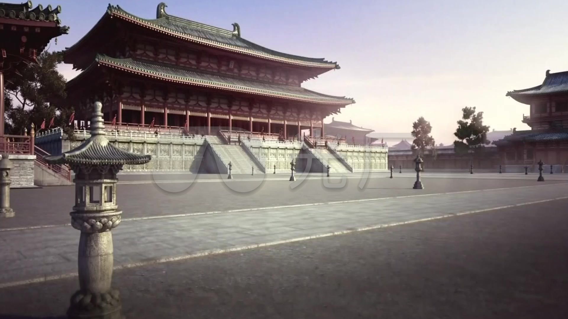 中国古代朱红宫门大门缓缓打开宏伟宫殿
