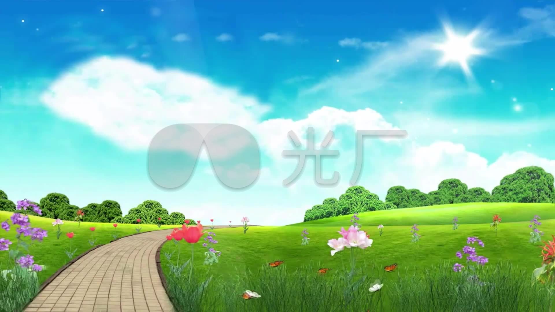 卡通林荫小道鲜花野花踏青