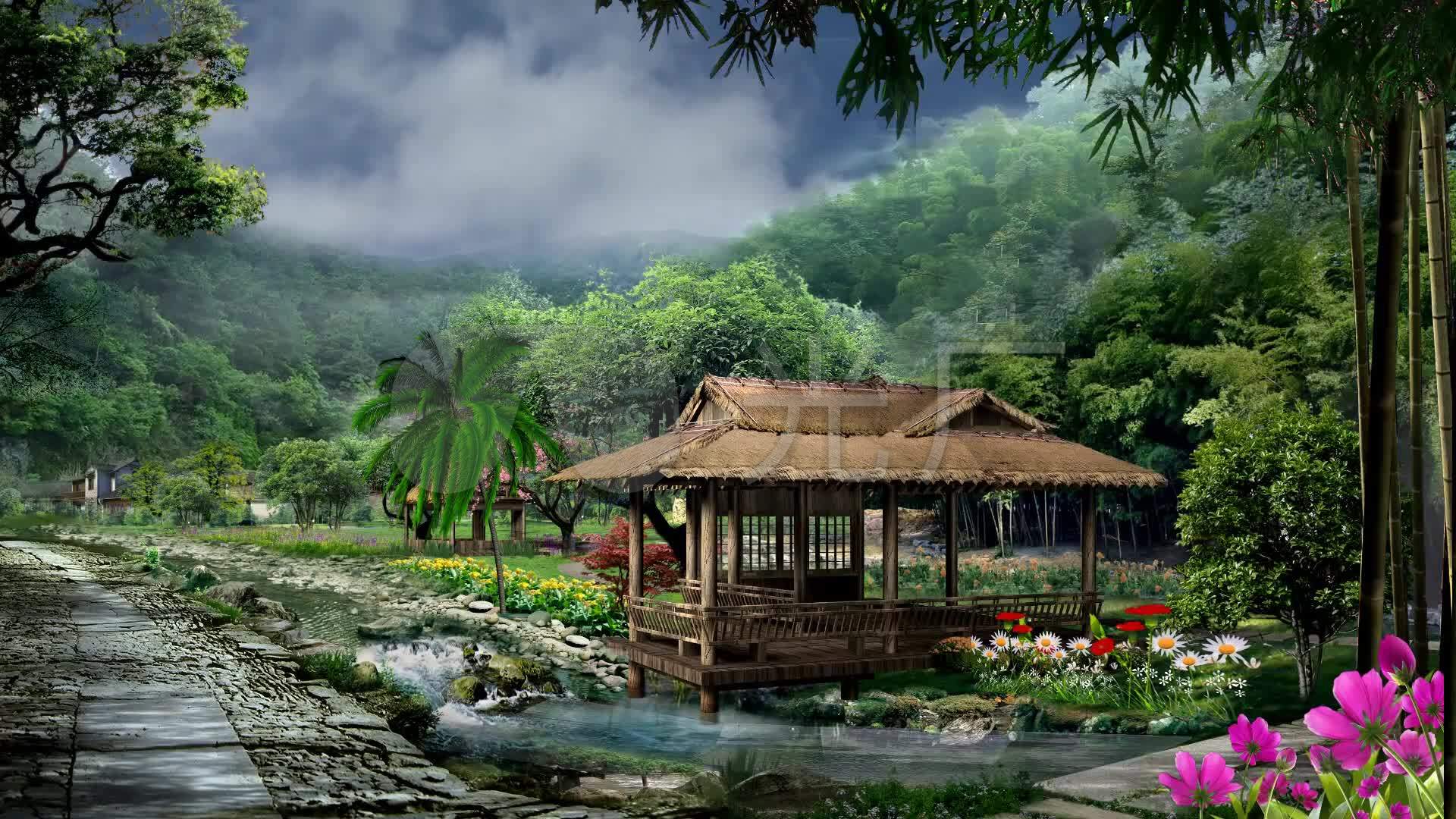 古代村庄度假村舞台背景山中草屋_1920x1080_高清视频