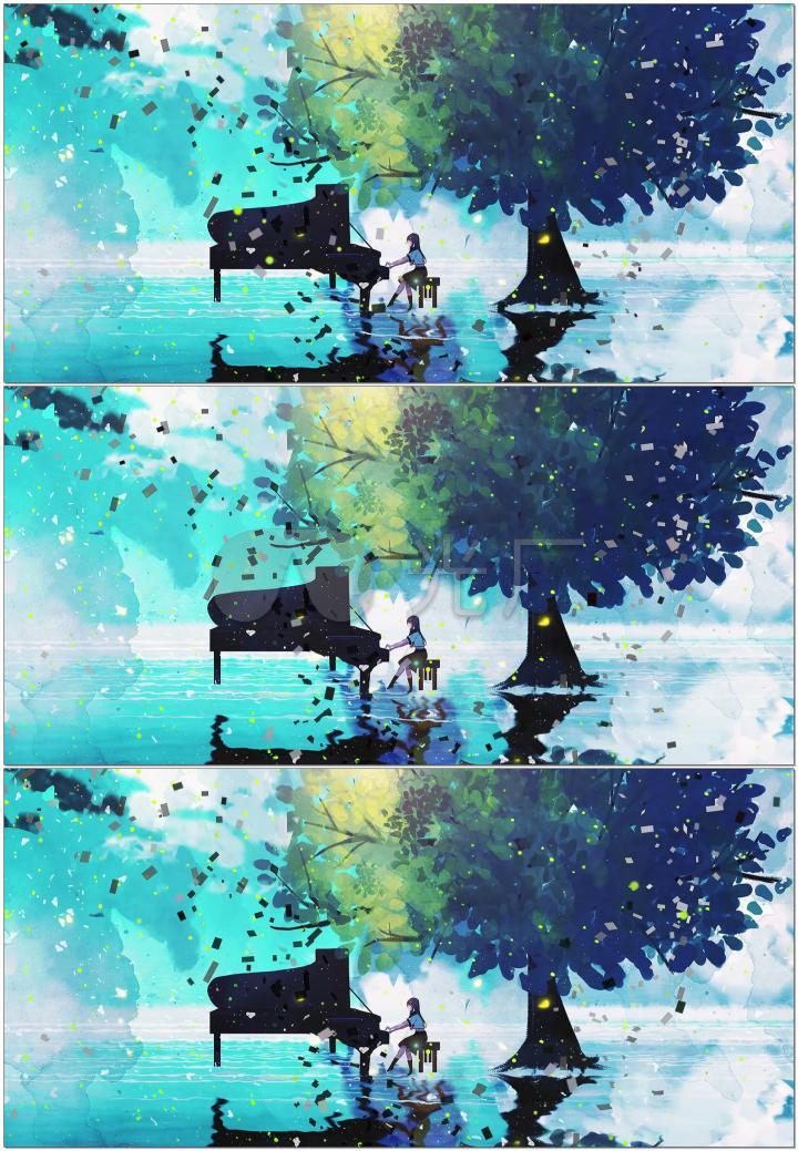 唯美梦幻卡通童话弹钢琴的少女思念音乐梦