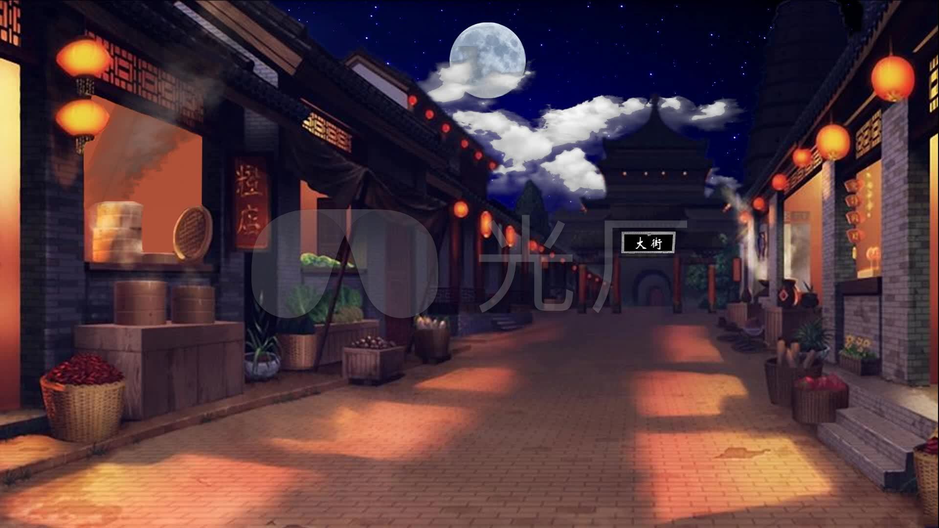 古代街道集市大街晚上