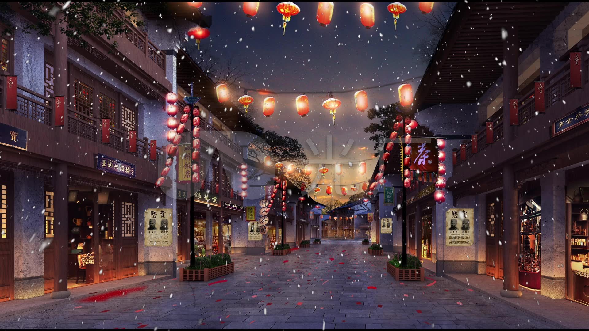 舞台剧情景古代街道春节下雪led背景视频