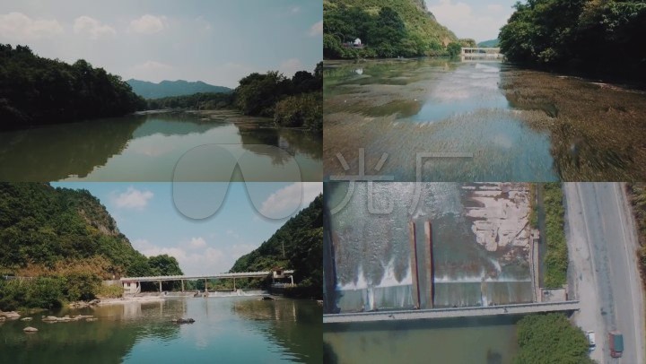 桂林山水河流树林山岭航拍水坝旅游