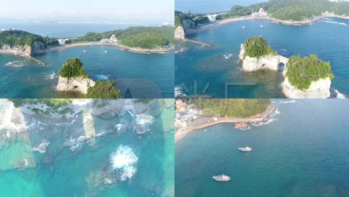 日本 歌山县 海湾 海岛 航拍 海面 游船 礁石 树林