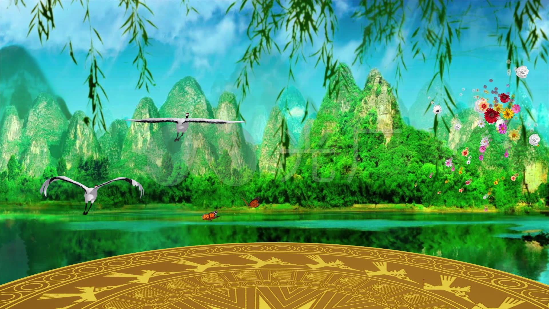 铜鼓秀丽山水柳条飘动大气晚会舞蹈背景_1920x1080