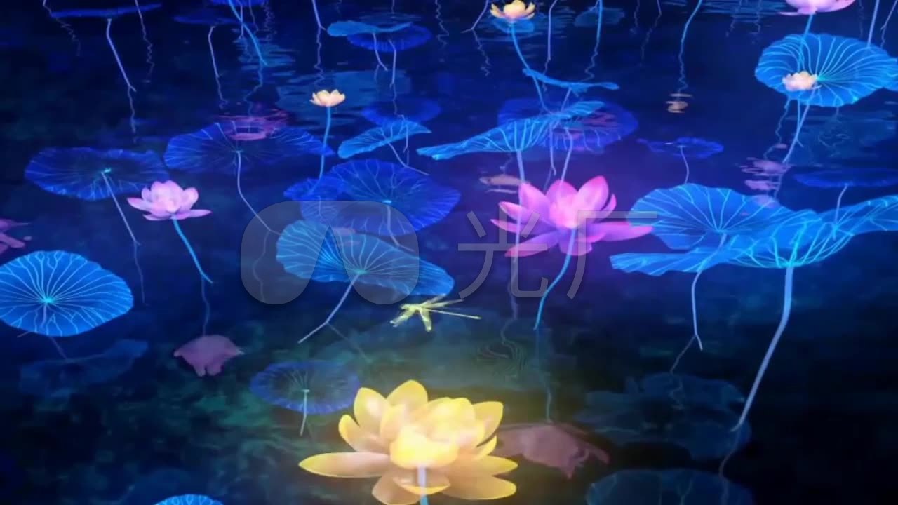唯美震撼中国风荧光粒子荷花池蝴蝶舞台背景