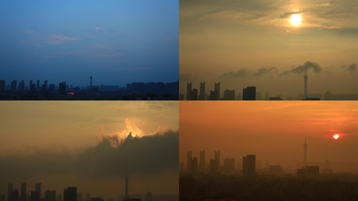 城市落日紫霞雾霾