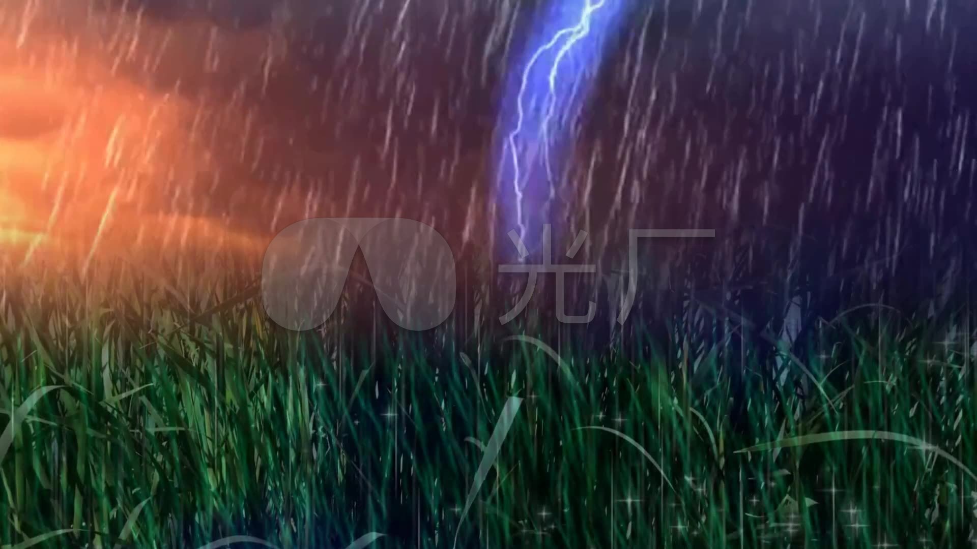 动感草地乌云闪电下雨背景素材_1920x1080_高清视频