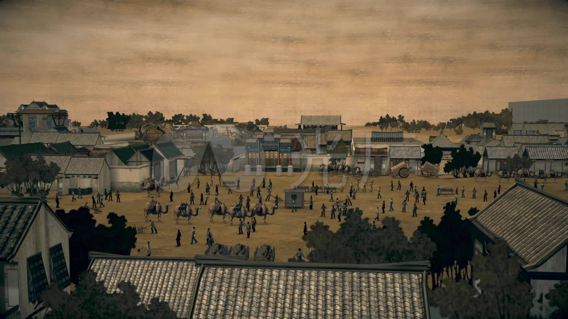 古代集市村庄集镇人群动画