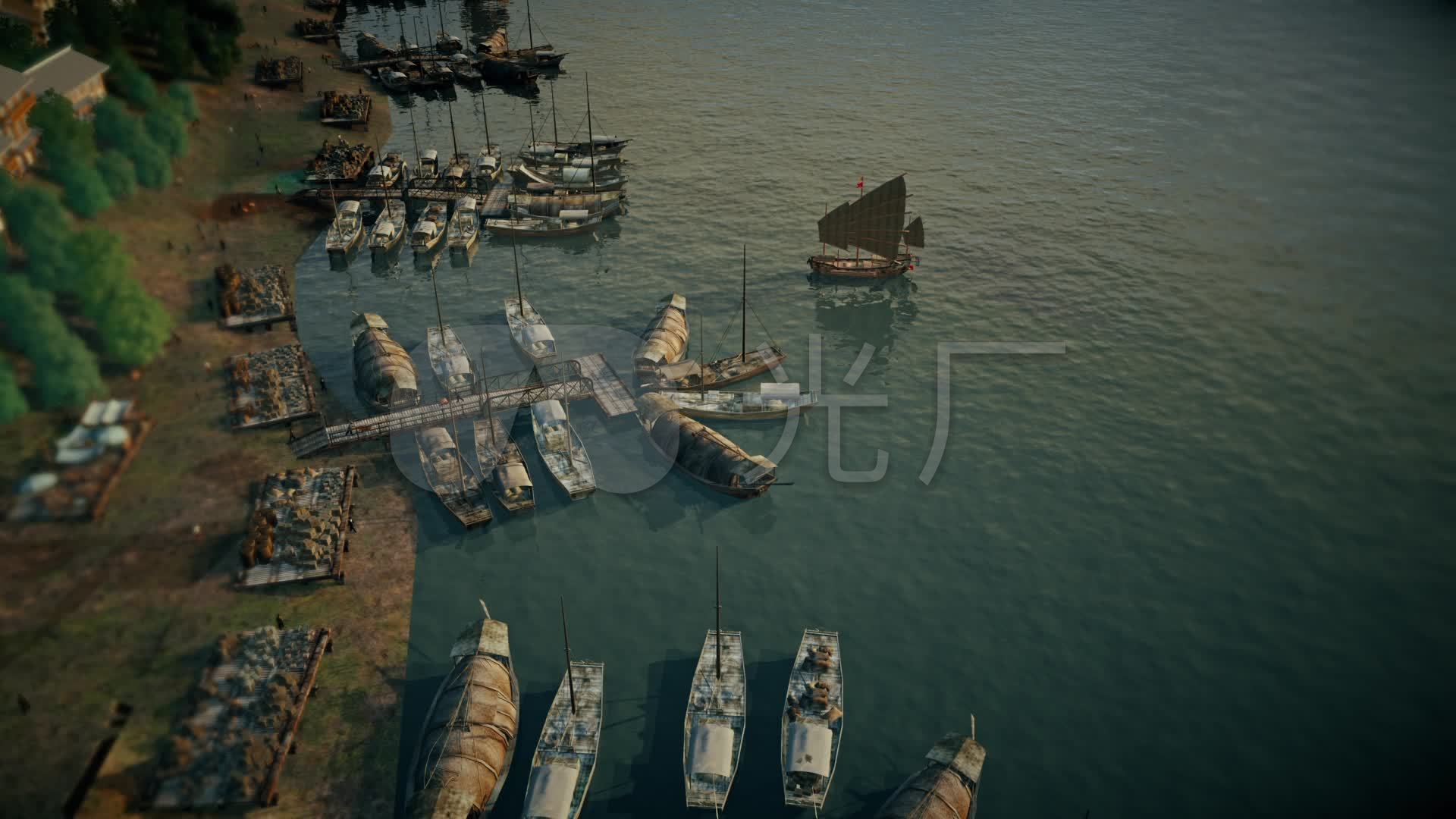 古代江边繁华古渡口码头船只河流_1920x1080_高清视频
