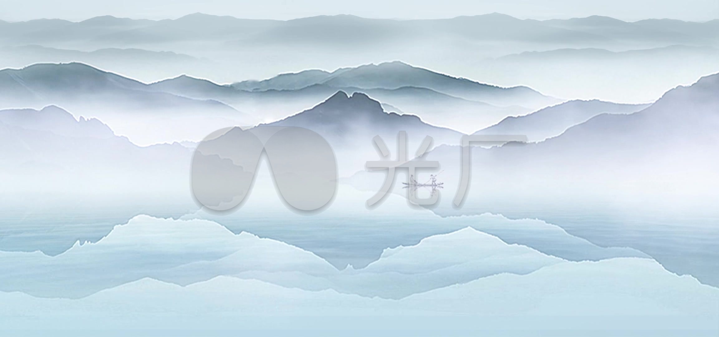 唯美蓝色水墨山水晨雾小船远山山峰视频素材_2306x