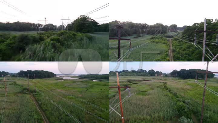 农村田间电线杆电线小路绿色风景