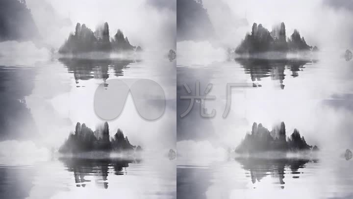原创中国山水画无缝倒影加雾气素材