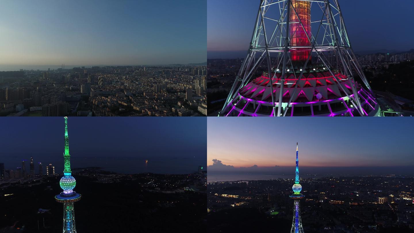 青岛电视塔黄昏夜景航拍4k
