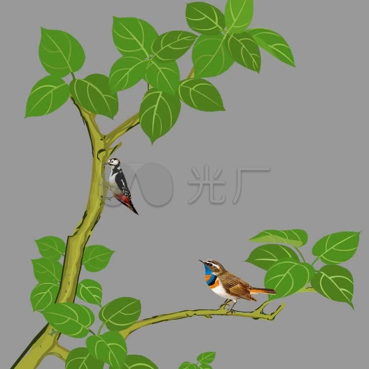 卡通小鸟在树上栖息植物可抠像素材
