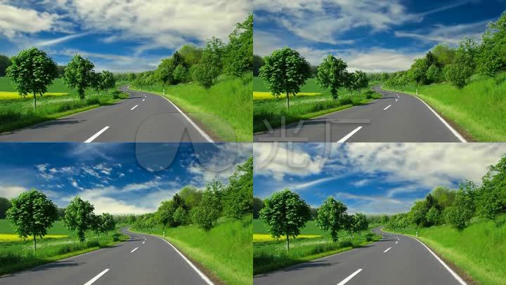 马路风景路边绿树草地蓝天白云背景
